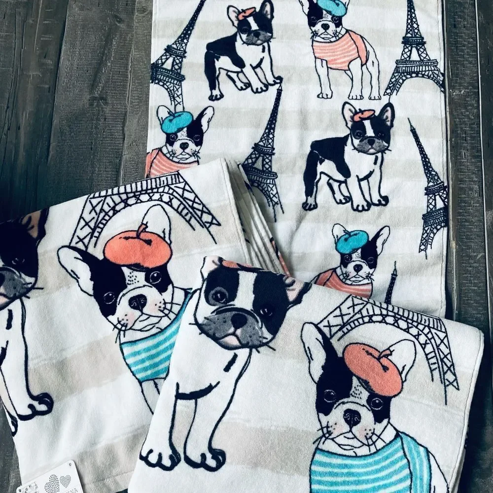 Frenchie Dog 3-pc Paris Eiffel Tower Beret Dogs Bath Towels Set